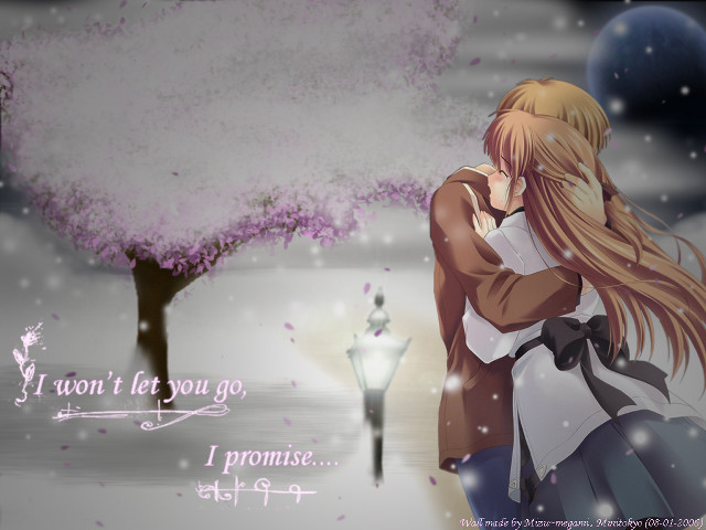 Anime couple hug snowy tree free wallpaper for desktop - medium preview image