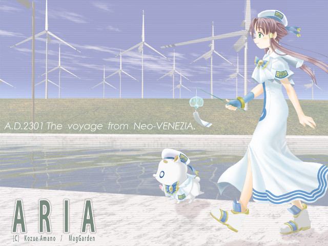 Woman pond windmills white dress free wallpaper for desktop - medium preview image