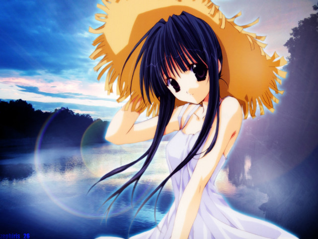 Woman strawhat white dress lake free wallpaper for desktop - medium preview image
