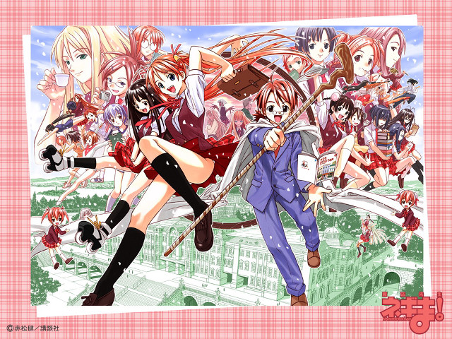 Anime group pink background border free wallpaper for desktop - medium preview image