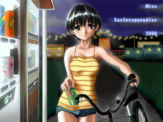Yellow dress woman bike city free wallpaper for desktop - medium preview image