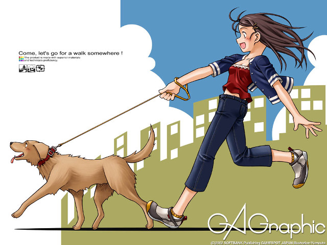 Woman running dog cityscape illustration free wallpaper for desktop - medium preview image