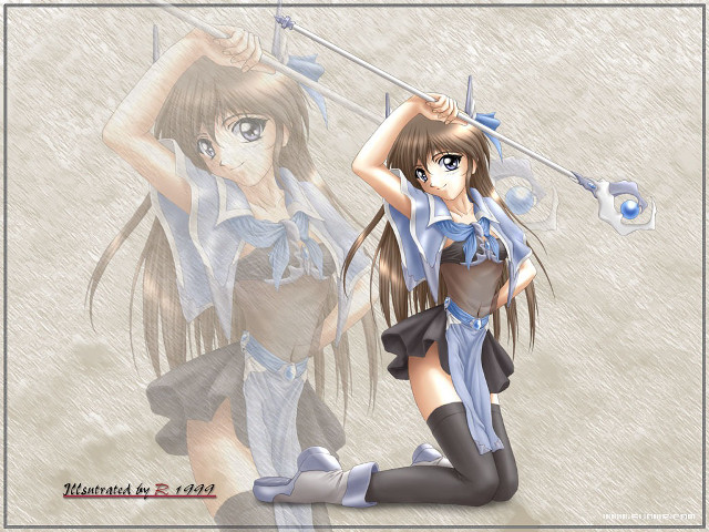 Anime girl sword kneeling brownhair free wallpaper for desktop - medium preview image