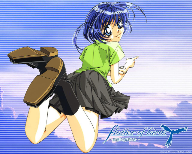 Girl flying backpack bluehair striped free wallpaper for desktop - medium preview image