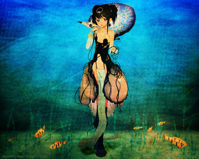 Woman parasol underwater fish handocean free wallpaper for desktop - medium preview image