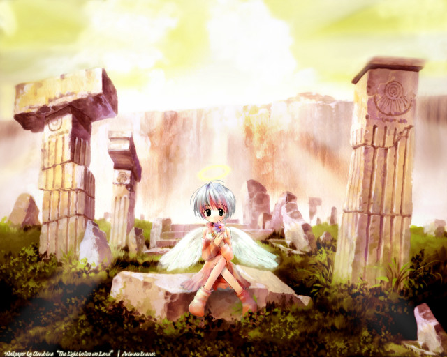Girl angel wings forest ruins free wallpaper for desktop - medium preview image