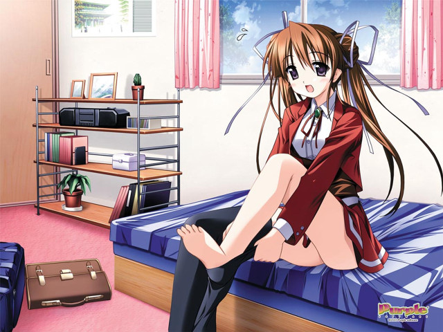 Girl sitting bed suitcase room free wallpaper for desktop - medium preview image