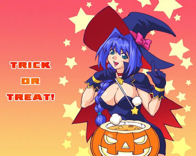 Cartoon girl holding pumpkin trick free wallpaper for desktop - medium preview image