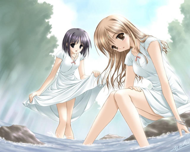 Anime girls white dresses water free wallpaper for desktop - medium preview image