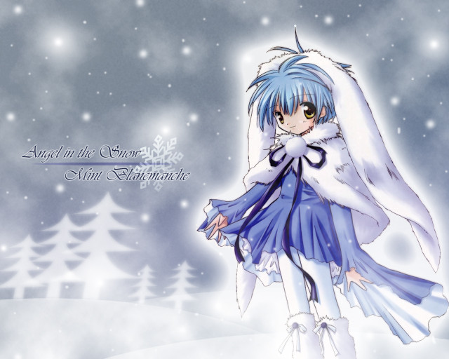 Anime girl blue dress snowflake free wallpaper for desktop - medium preview image
