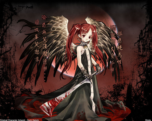 Red haired girl wings katana free wallpaper for desktop - medium preview image