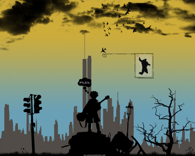 Hilltop guitar city birds dusk free wallpaper for desktop - medium preview image