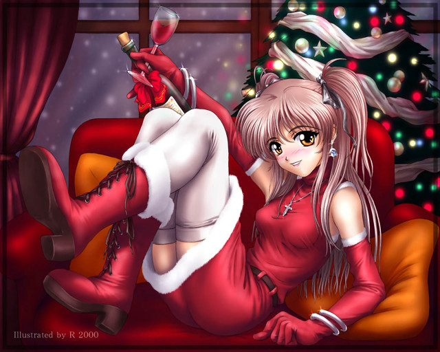 Christmas manga woman reddress couch free wallpaper for desktop - medium preview image