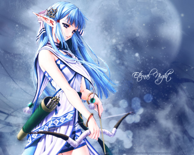 Blue haired girl bow arrow free wallpaper for desktop - medium preview image