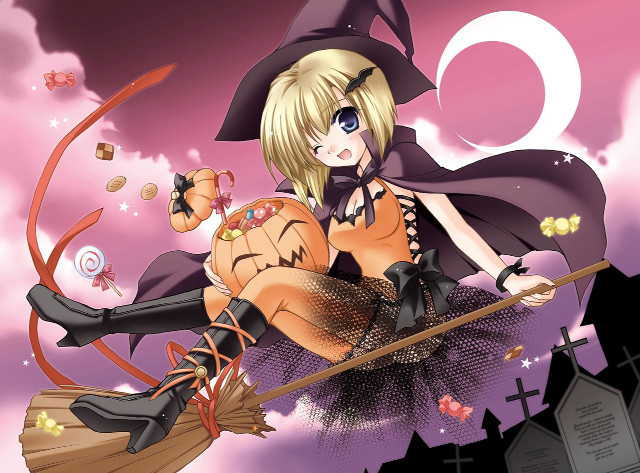 Witch broom pumpkin fullmoon anime free wallpaper for desktop - medium preview image