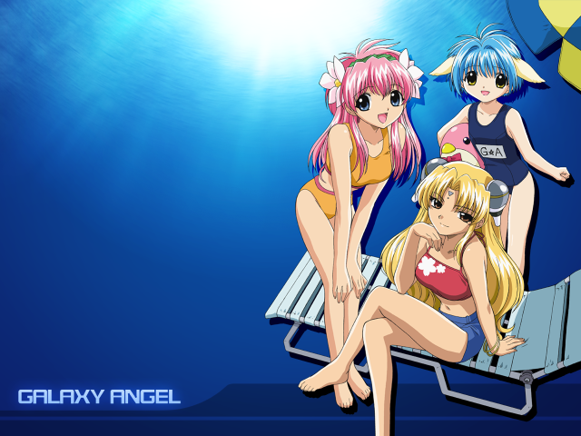 Three anime girls water sun free wallpaper for desktop - medium preview image