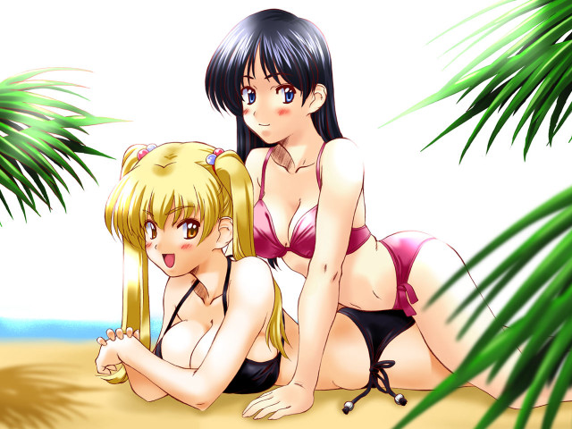 Beach palm trees bikinis anime free wallpaper for desktop - medium preview image