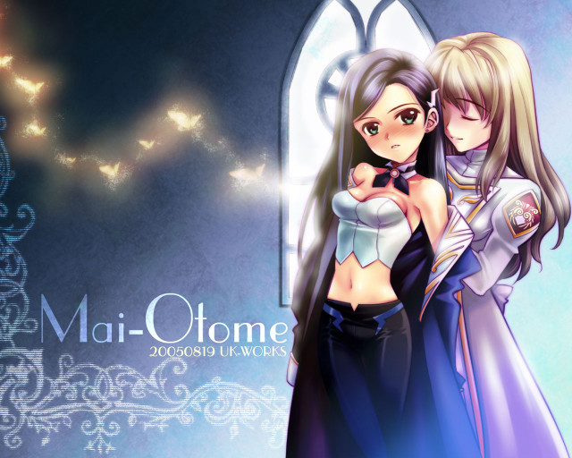 Anime hugging girls window blue free wallpaper for desktop - medium preview image