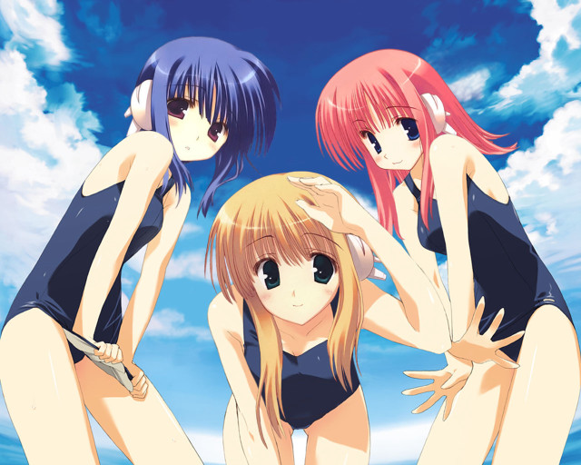 Three anime girls beach swimsuits free wallpaper for desktop - medium preview image