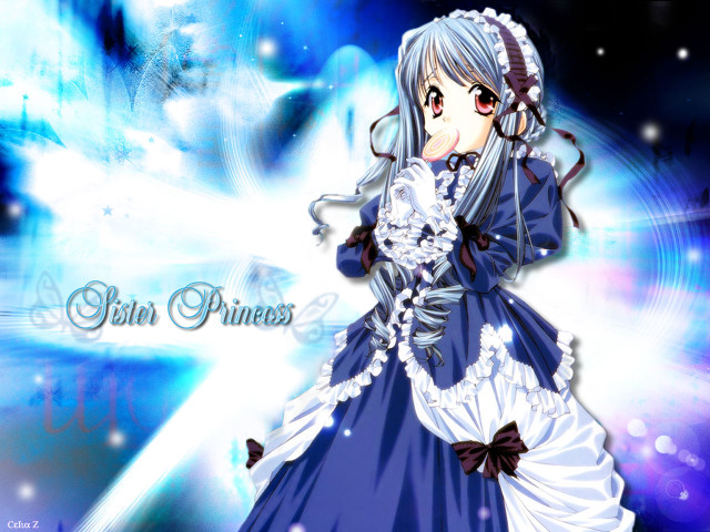 Anime girl blue dress white free wallpaper for desktop - medium preview image