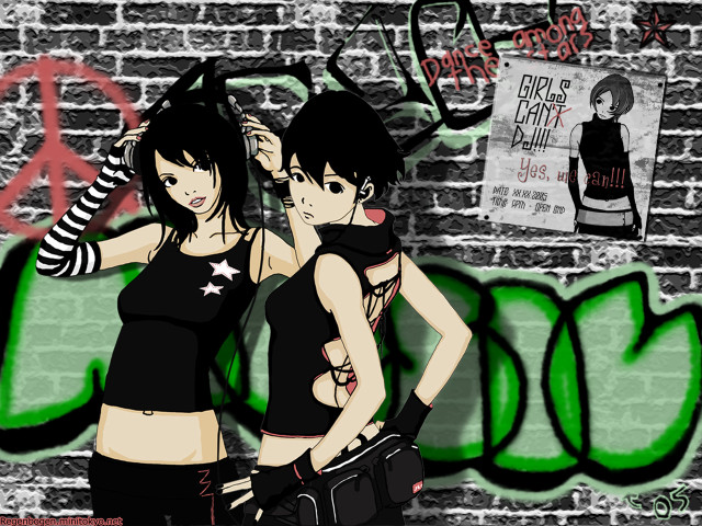 Two girls brick wall graffiti free wallpaper for desktop - medium preview image