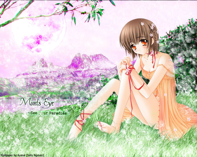 Girl grass pink sky mountain free wallpaper for desktop - medium preview image