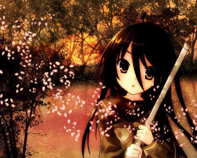 Girl sword forest fire autumn free wallpaper for desktop - medium preview image
