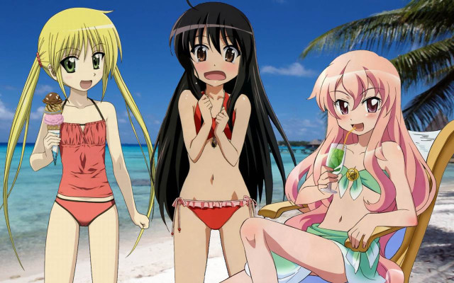 Three anime girls beach drink free wallpaper for desktop - medium preview image