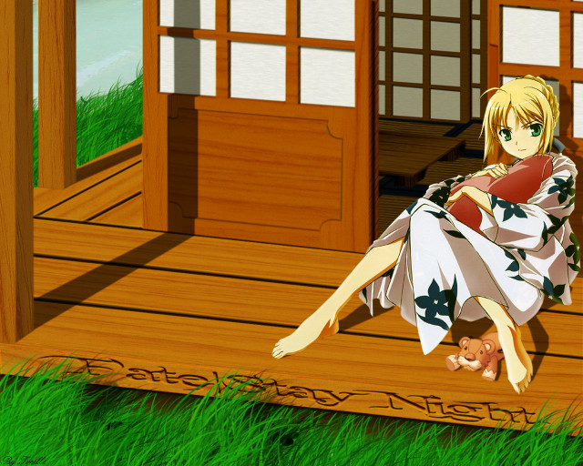 Porch woman anime garden kimono free wallpaper for desktop - medium preview image