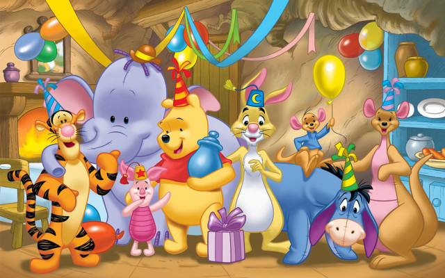Pooh group balloons streamers christmas free wallpaper for desktop - medium preview image