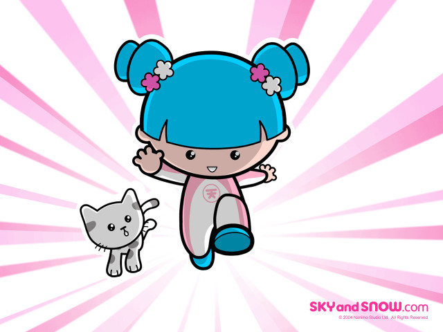 Cartoon girl cat sunburst illustration free wallpaper for desktop - medium preview image