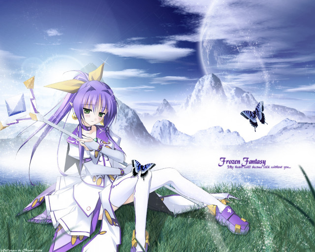 Girl field sword butterfly mountain free wallpaper for desktop - medium preview image