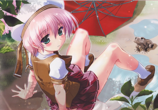 Pink hair girl umbrella school free wallpaper for desktop - medium preview image