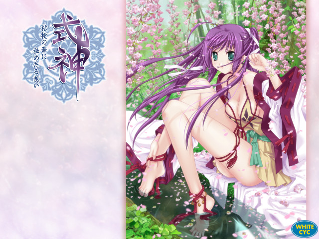 Purple haired woman flower sitting free wallpaper for desktop - medium preview image