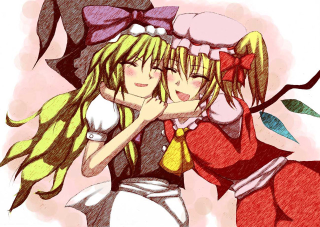 Longhair girls hug bows anime free wallpaper for desktop - medium preview image