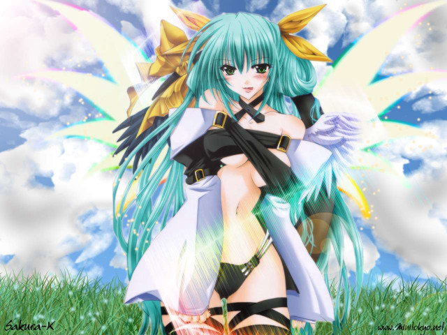 Green hair girl wings sword free wallpaper for desktop - medium preview image