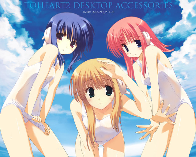 Three anime girls water beach free wallpaper for desktop - medium preview image