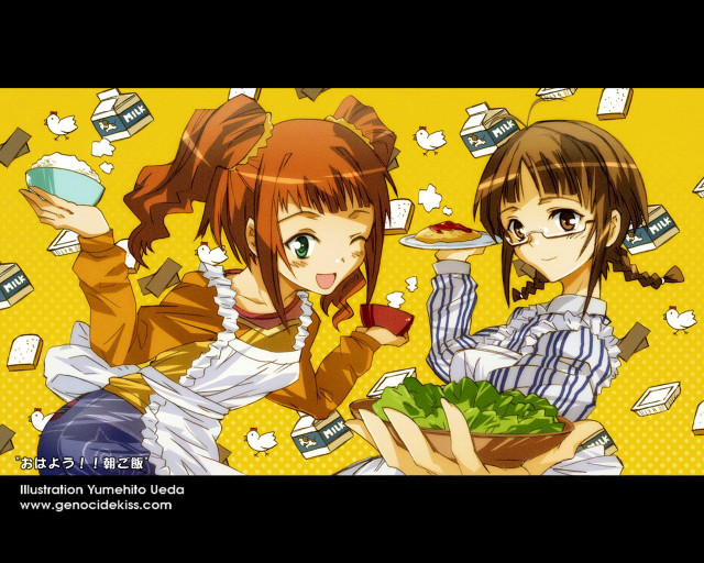 Anime girls food yellow background free wallpaper for desktop - medium preview image