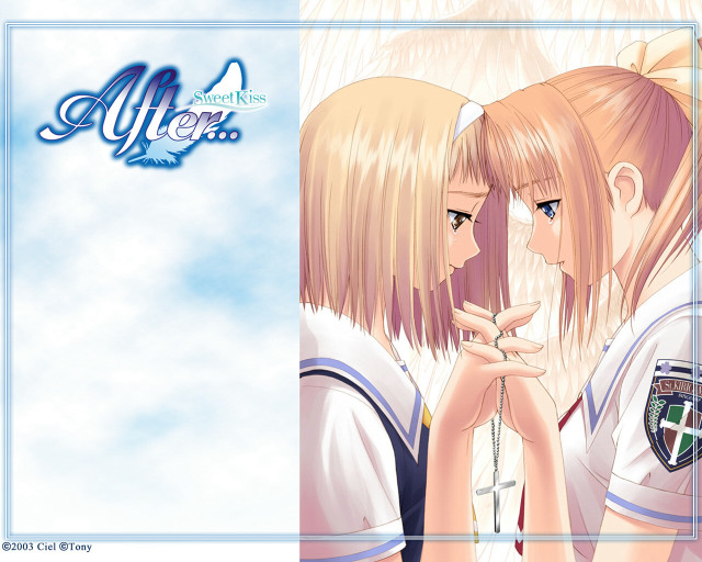Anime girls holding hands blue free wallpaper for desktop - medium preview image