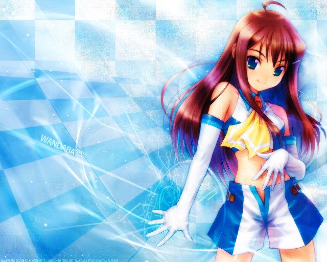 Anime girl redhair blueeyes checkered free wallpaper for desktop - medium preview image