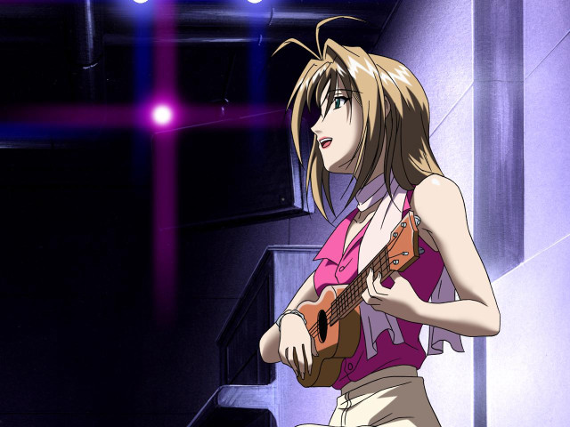 Woman pinkshirt tanpants guitar darkroom free wallpaper for desktop - medium preview image