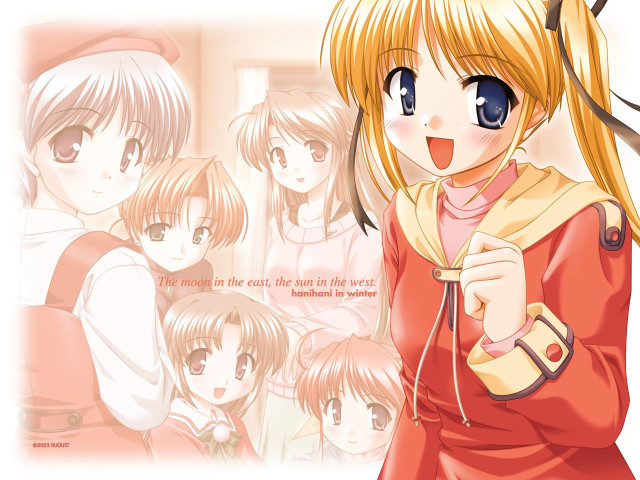 Blonde girl red jacket group free wallpaper for desktop - medium preview image