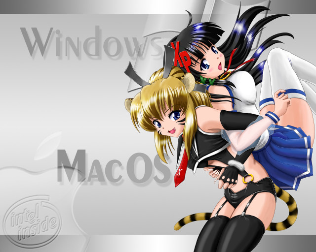 Anime girls hug macos cat free wallpaper for desktop - medium preview image