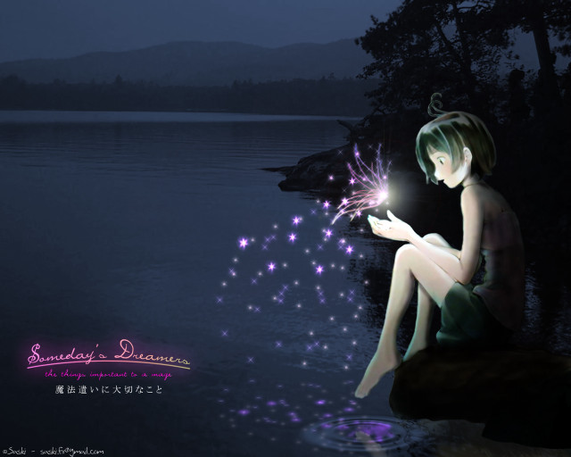 Woman sitting lake night fireflies free wallpaper for desktop - medium preview image