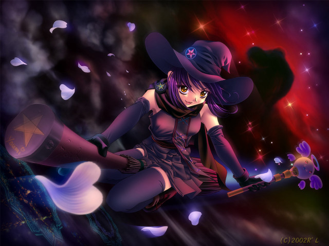 Witch flying anime cherryblossoms starry free wallpaper for desktop - medium preview image