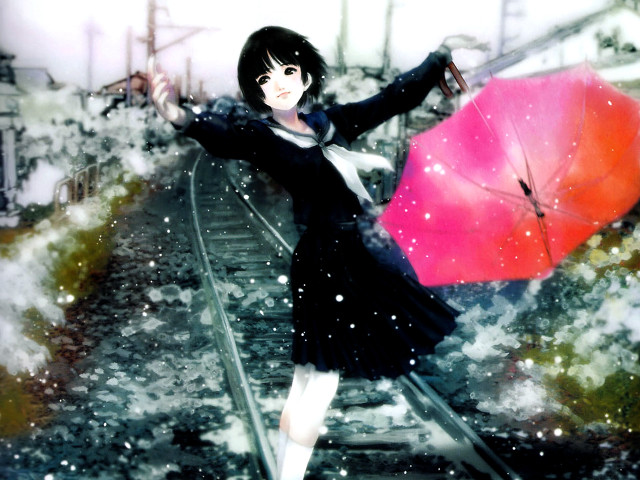 Woman pink umbrella snow train free wallpaper for desktop - medium preview image