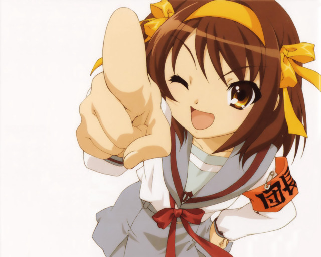 Girl yellowbow pointing smile anime free wallpaper for desktop - medium preview image
