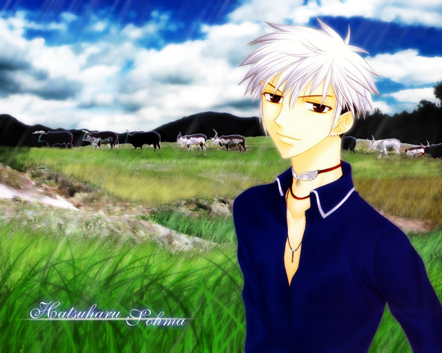 Anime white hair field cows free wallpaper for desktop - medium preview image
