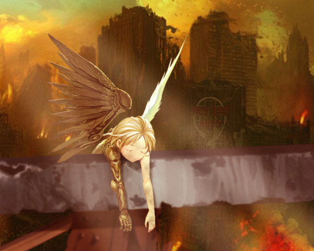 Angelic flyer cityscape flames wings free wallpaper for desktop - medium preview image