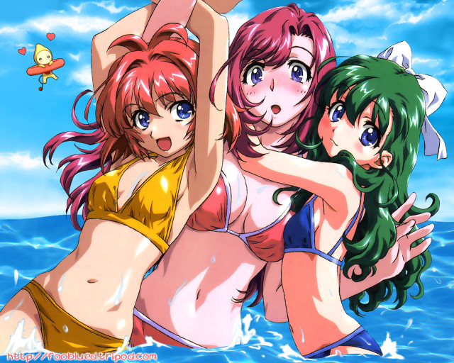 Three anime girls bikinis water free wallpaper for desktop - medium preview image